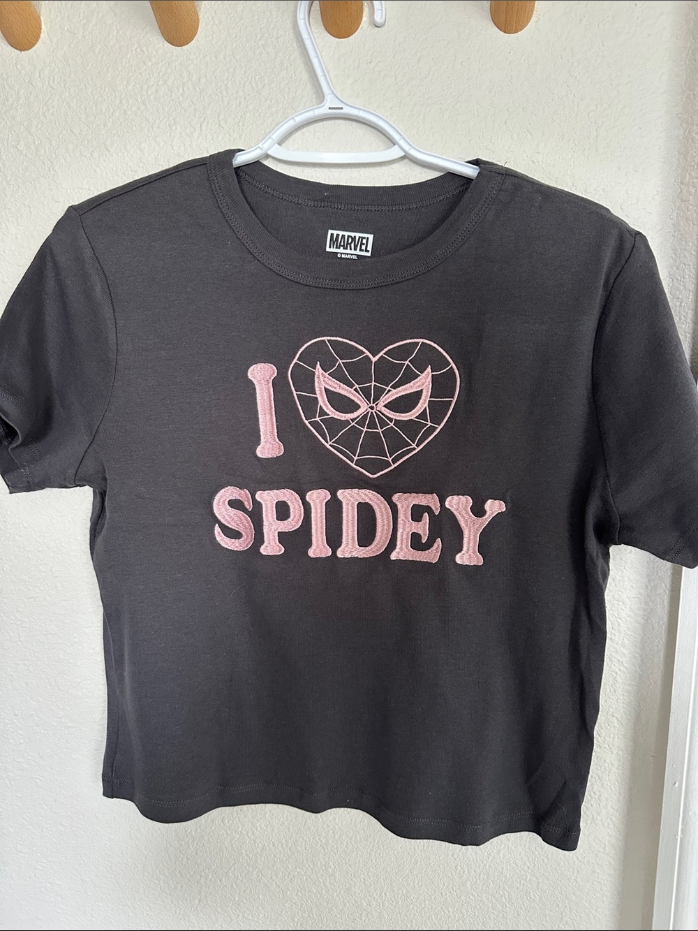Spidey Marvel Charcoal Grey Tee with Pink "I Spidey" Graphic